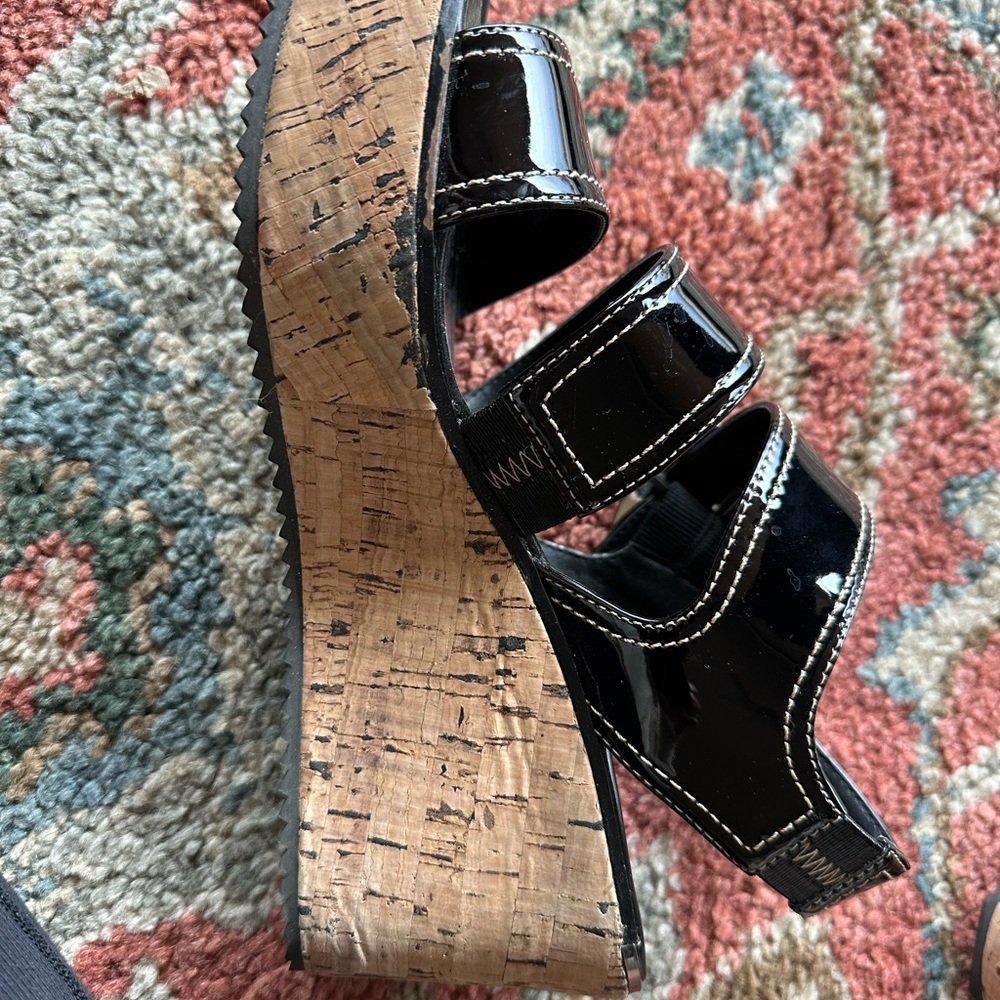 Donald J. Pliner Sandals Black Patent Leather Cork Wedge Irving sz 8 worn once - Picture 3 of 8